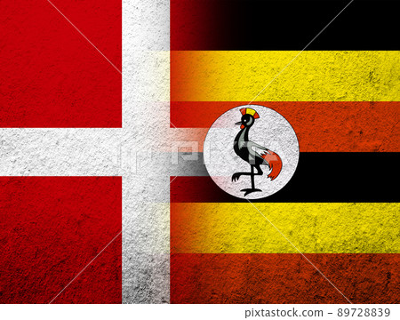 the Kingdom of Denmark National flag with The Republic of Uganda National flag. Grunge Background the Kingdom of Denmark National flag with The Republic of Uganda National flag. Grunge Background 89728839
