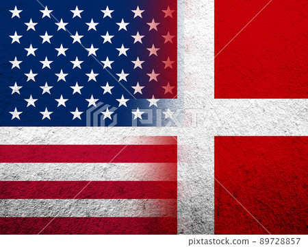 the Kingdom of Denmark National flag with United States of America USA national flag. Grunge Background 89728857
