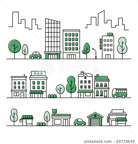 為市區街道設置的背景圖標,如建築物、路邊樹、汽車和公共汽車 為市區街道設置的背景圖標,如建築物、路邊樹、汽車和公共汽車 89729649