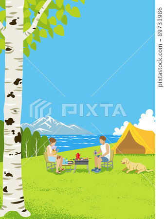 Young family and pet dog enjoying summer camp --Vertical composition A4 ratio 89731986