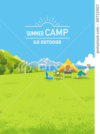 享受夏令營的女性-垂直構圖 A4 比例與字母 89732007