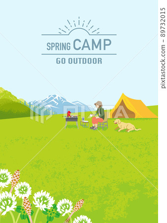 Young women and pet dogs enjoying spring camp-Vertical composition A4 ratio with letters 89732015