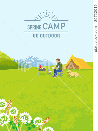 享受春營的男人和寵物狗-垂直組合A4與字母的比例 享受春營的男人和寵物狗-垂直組合A4與字母的比例 89732016