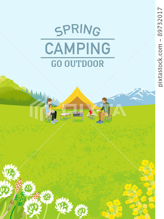 享受春營的年輕家庭-帶字母的垂直構圖A4比例 享受春營的年輕家庭-帶字母的垂直構圖A4比例 89732017