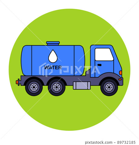 a blue truck carries purified drinking water in a tank. 89732185