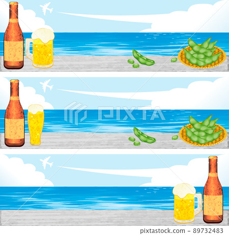 Banner frame summer sea beer edamame airplane blue sky copy space background frame watercolor illustration set 89732483