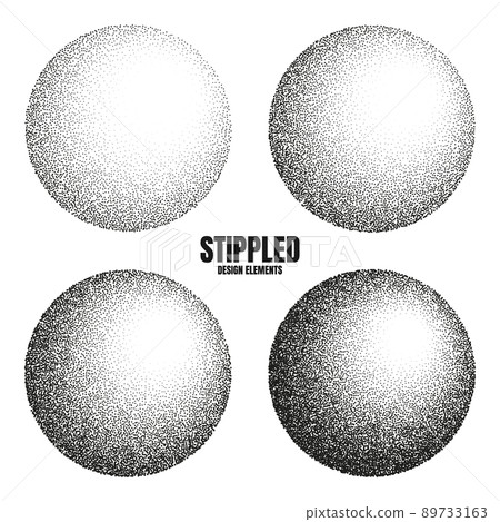 Round shaped dotted objects, stipple elements. Fading gradient. Stippling, dotwork drawing, shading using dots. Pixel disintegration, halftone effect. White noise grainy texture. Vector illustration 89733163
