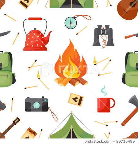 Camp seamless pattern. Summer adventure abstract picnic background. Tourism on nature with cute icons. Camping tents, fire and backpack. Hiking tools. Decor textile, vector print Camp seamless pattern. Summer adventure abstract picnic background. Tourism on nature with cute icons. Camping tents, fire and backpack. Hiking tools. Decor textile, vector print 89736499