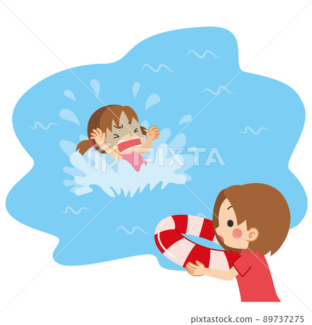 一個年輕女子試圖扔一個花車來幫助一個溺水的女孩的插圖可愛的剪貼畫 一個年輕女子試圖扔一個花車來幫助一個溺水的女孩的插圖可愛的剪貼畫 89737275