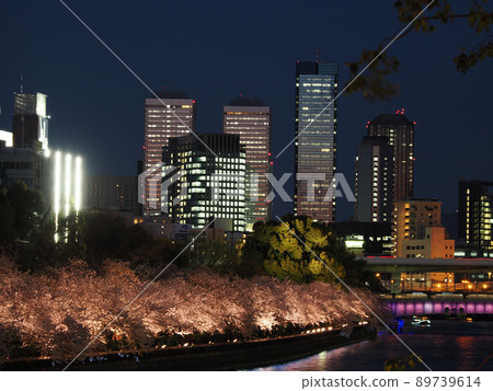 大阪天滿橋的夜景和春天的櫻花 大阪天滿橋的夜景和春天的櫻花 89739614