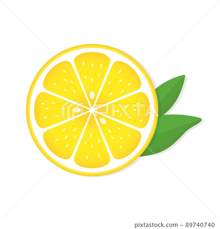 Illustration of a cross section of a lemon cut or sliced in half and a leaf decoration Illustration of a cross section of a lemon cut or sliced in half and a leaf decoration 89740740