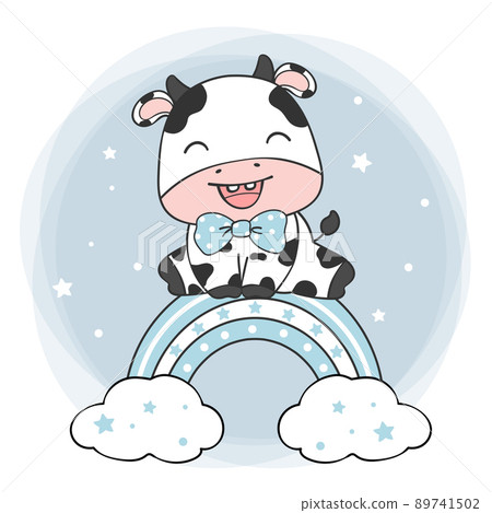 cute animal baby shower birthday greeting card, baby cow boy sitting on blue rainbow, nursery kid cartoon animal farm clipart for t shirt printable 89741502