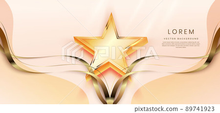 3d golden star with golden ribbon curved on soft rose gold background. Template luxury premium award design. 3d golden star with golden ribbon curved on soft rose gold background. Template luxury premium award design. 89741923