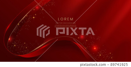 Abstract 3d gold curved red ribbon on red background with lighting effect and sparkle with copy space for text. Luxury design style. Abstract 3d gold curved red ribbon on red background with lighting effect and sparkle with copy space for text. Luxury design style. 89741925
