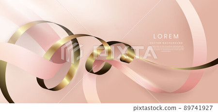 Abstract 3d gold curved ribbon on rose gold background with lighting effect and sparkle with copy space for text. Luxury design style. Abstract 3d gold curved ribbon on rose gold background with lighting effect and sparkle with copy space for text. Luxury design style. 89741927