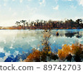 Digital painting of blue lake with pine forest and blue sky background 89742703