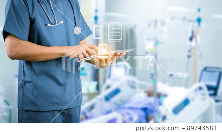 medical concept doctor holding tablet taking care of patient medical concept doctor holding tablet taking care of patient 89743581