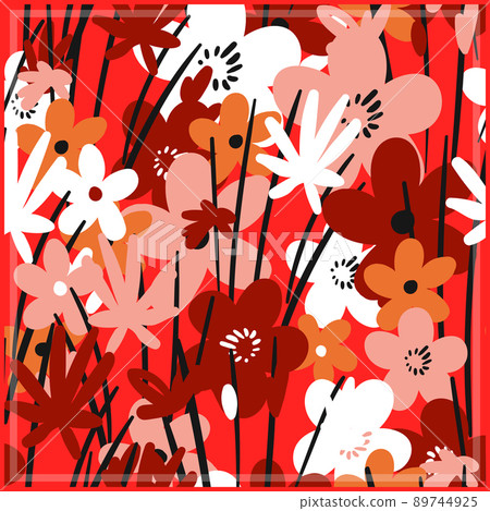 Print for kerchief, bandana, scarf, handkerchief, shawl, neck scarf. Squared pattern with ornament for fabric, textile, silk products. Paisley vector with abstract flowers. Floral folk tracery Print for kerchief, bandana, scarf, handkerchief, shawl, neck scarf. Squared pattern with ornament for fabric, textile, silk products. Paisley vector with abstract flowers. Floral folk tracery 89744925