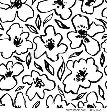 Hand drawn charcoal line flowers seamless pattern. Hand drawn charcoal line flowers seamless pattern. 89746216