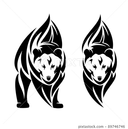 standing brown bear and animal head with fire flames black vector design 89746746