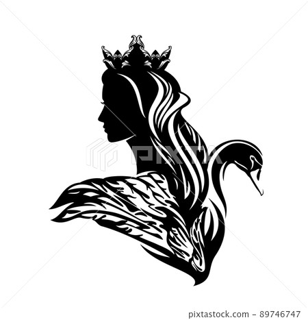 black vector silhouette portrait of fairy tale princess with her magic swan bird 89746747