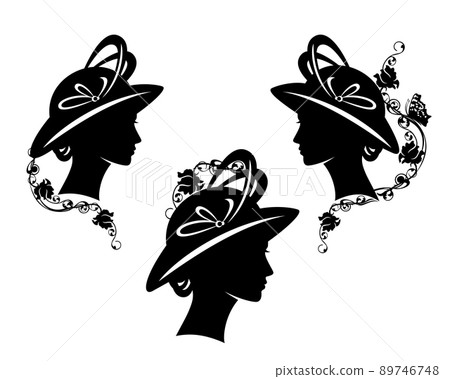 vector silhouette head portrait of woman wearing retro style hat with feathers and rose flowers 89746748
