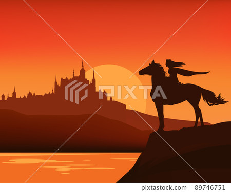 vector sunset scene background with fairy tale castle, lake shore and princess riding horse 89746751