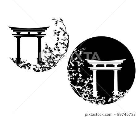 japanese torii gate among blooming sakura black and white vector design 89746752