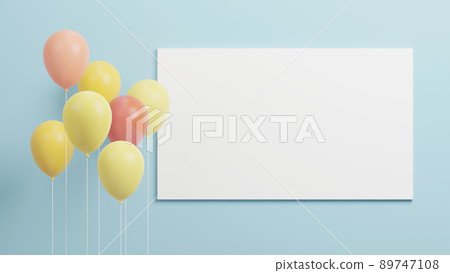 Balloons and white canvas with copy space 3D render Balloons and white canvas with copy space 3D render 89747108