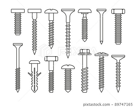 Fasteners, Bolt and Screws Set on White Background. Vector 89747165