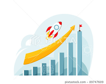 Business success progress vector background. Growing bars graphic with rising arrow and flying rocket. Move up motivation, the path to the goal achievement Business success progress vector background. Growing bars graphic with rising arrow and flying rocket. Move up motivation, the path to the goal achievement 89747609