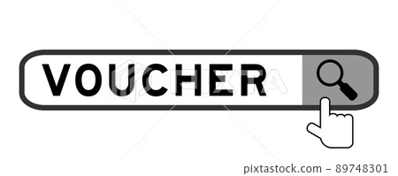 Search banner in word voucher with hand over magnifier icon on white background Search banner in word voucher with hand over magnifier icon on white background 89748301