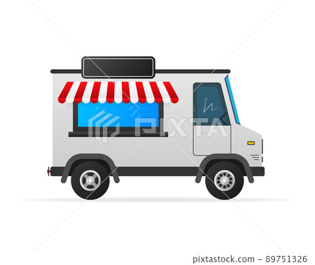 Vintage flat set with truck, kiosk icon. Courier service delivery. Ice cream van 89751326