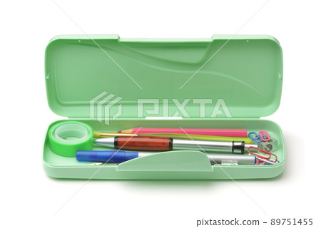 Open plastic pencil box with different supplies Open plastic pencil box with different supplies 89751455