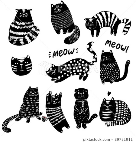 Cute cats hand drawn set. Funny kitten characters doodle illustration. Flat pets vector. 89751911