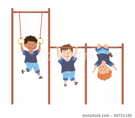 Little Boy Engaged in Physical Education Hanging on Chinning Bar During Class at School Vector Illustration 89752180