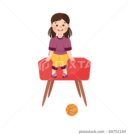 Little Girl Engaged in Physical Education Sitting on Pommel Horse During Class at School Vector Illustration Little Girl Engaged in Physical Education Sitting on Pommel Horse During Class at School Vector Illustration 89752184