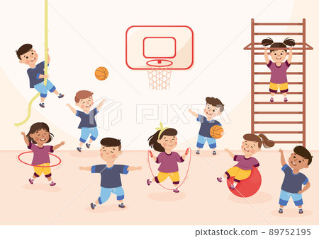 Children Engaged in Physical Education Doing Various Sports During Class at School Vector Illustration Children Engaged in Physical Education Doing Various Sports During Class at School Vector Illustration 89752195