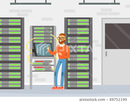 Bearded Man Sysadmin Working with Server Rack Cabinet and Computer Vector Illustration 89752199