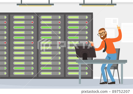 Bearded Man Sysadmin Working with Server Rack Cabinet and Computer Vector Illustration 89752207