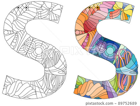 Letter S monogram for coloring, engraving design. Vector illustration. Color and outline set 89752689