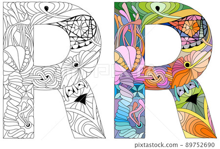 Letter R monogram for coloring, engraving design. Vector illustration. Color and outline set Letter R monogram for coloring, engraving design. Vector illustration. Color and outline set 89752690