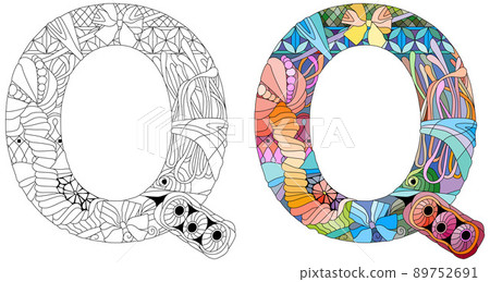 Letter Q monogram for coloring, engraving design. Vector illustration. Color and outline set 89752691