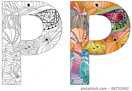 Letter P monogram for coloring, engraving design. Vector illustration. Color and outline set Letter P monogram for coloring, engraving design. Vector illustration. Color and outline set 89752692