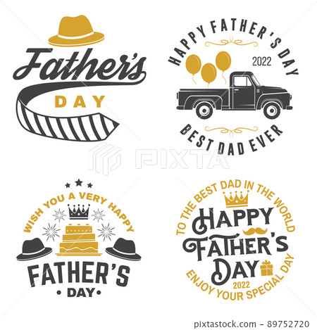 Happy Father's Day. Enjoy your day badge, logo design. Vector illustration. Vintage style Father's Day Designs with crown, gift, screwdriver, cake, retro pickup truck. 89752720