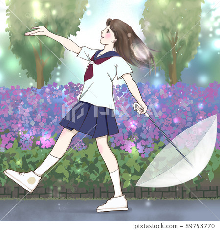 雨後繡球花盛開的人行道上健步如飛的女高中生 雨後繡球花盛開的人行道上健步如飛的女高中生 89753770