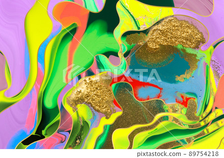 Gold dust and waves on fluorescent inks background. 89754218