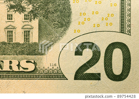 Macro shot with part of 20 US dollars bill. Twenty dollars banknote close up photo with high resolution. Money earnings, payday or tax paying period Macro shot with part of 20 US dollars bill. Twenty dollars banknote close up photo with high resolution. Money earnings, payday or tax paying period 89754428