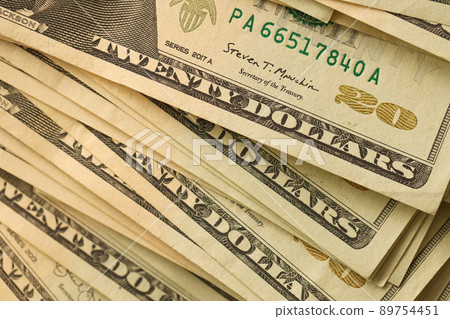 Big amount of old 20 dollar bills details on macro photography. Money earnings, payday or tax paying period 89754451
