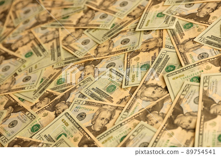 Big amount of old 20 dollar bills details on macro photography. Money earnings, payday or tax paying period 89754541